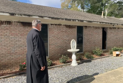On March 27, St. John Chapel in Columbia, LA was burglarized, vandalized and intentionally set on fire. Fr. Robert Johnson surveys the damage.