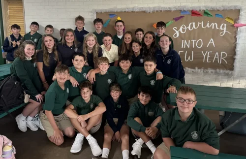 Holy Savior Menard's Junior High students on the first day of classes for the 2025-2026 school year.