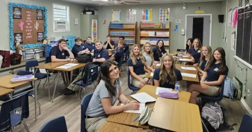 Bishop Robert Marshall visits St. Joseph School in Plaucheville on their first day of classes for the 2025-2026 school year. 