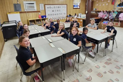 Bishop Robert Marshall visits St. Joseph School in Plaucheville on their first day of classes for the 2025-2026 school year. 