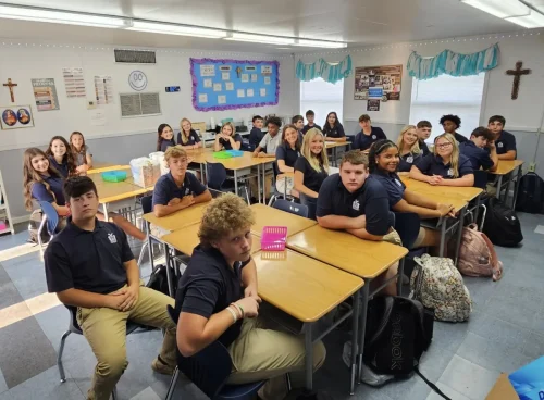 Bishop Robert Marshall visits St. Joseph School in Plaucheville on their first day of classes for the 2025-2026 school year. 