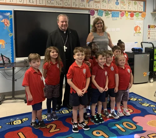 Bishop Robert Marshall visits classrooms at St. Frances Cabrini School.