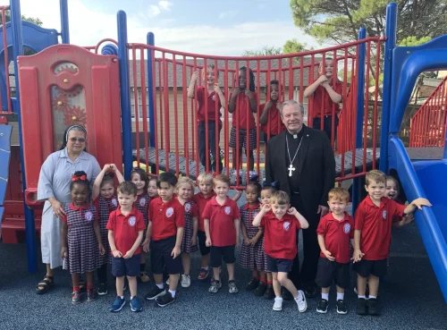 Bishop Robert Marshall visits classrooms at St. Frances Cabrini School.