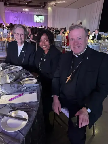 Bishop Marshall attended CHRISTUS St. Frances Cabrini's 2025 Winter Ball. He had the opportunity to visit with two sisters from the Congregation of the Sisters of Charity of the Incarnate Word who founded the hospital. Pictured left to right: Sister Ita Harnett, CCVI, and Sister Helen Ogbuji, CCVI. Sr. Ita worked at the hospital in years past and Sr. Helen is in the regional board of CHRISTUS Health System. 