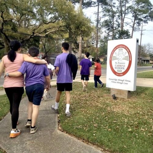 Every Wednesday during Lent we have had parents, students, and parishioners participating in our walking Rosary with intentions for the Cabrini school and church. We walk around the perimeter of the school and parish. It has grown each week. Different students and parishioners help lead the rosary. 