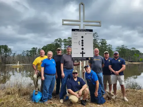 Members of the Knights of Columbus, St. Alphonsus Council #3088 (Hessmer) volunteered their weekend and installed the signs for the new rosary walk at Maryhill Renewal Center. It is an extensive path through the wooded acreage.