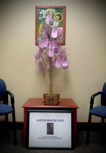 St. Joseph Catholic Center staff, "God's Golden Girls" prayed the Divine Mercy Chaplet at 3:00 PM daily, in the Bishop Greco Chapel. Prayer intentions were written on the purple "leaves" of the tree and placed in the basket.