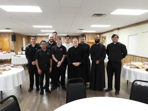 Desserts with the Seminarians was held at Maryhill on Thursday, July 23. Pictured are the Diocese of Alexandria seminarians: Graham Descant, David Rubio, Matthew Kramer, Blake Bernard (in the very back), Ty Schexnayder, Ryan Richard, Dcn. Blaine Phillips, Fr. Donnie Kuzma, Assistant Vocations Director; Fr. Luke LaFleur, Vocations Director; and Dcn. Gabe Dowden. 