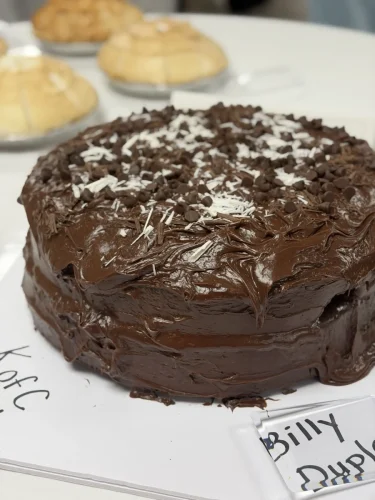 Close up of the giant chocolate cake.
